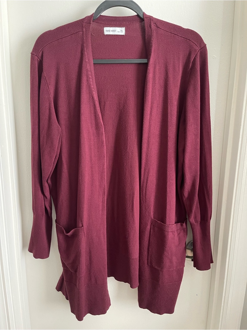 Nine West Open-Front Cardigan Sweater in Burgundy with Pockets